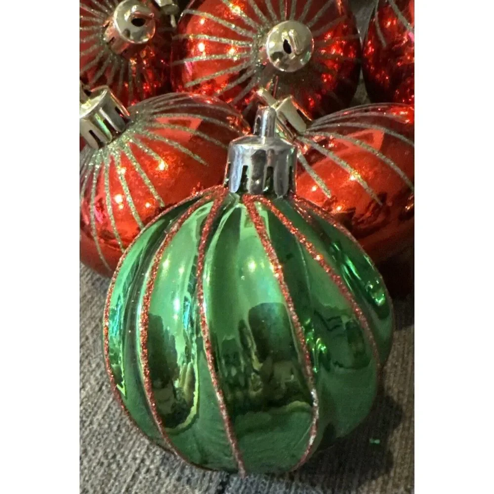 17 Retro Round/Top Shape‎ Red &  Green Glitter Shatterproof Christmas Ornaments